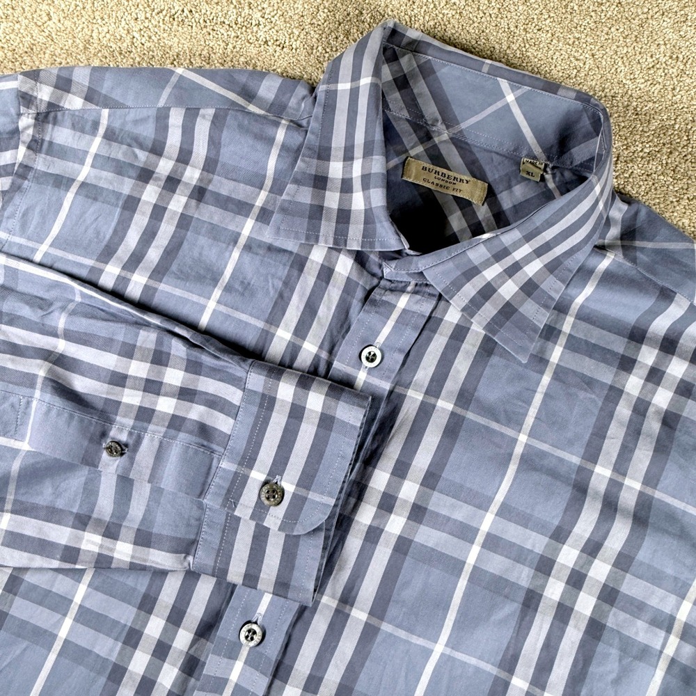 Burberry Button Down Men XL Blue Excellent Classic Fit Long Sleeve Plaid Shirt